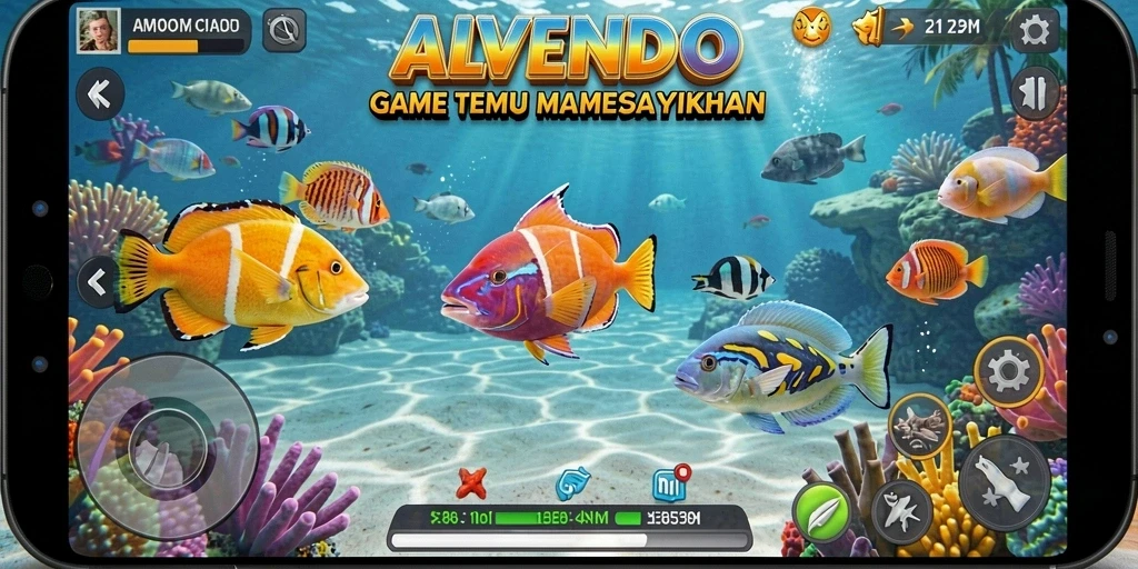 Tangkapan layar utama ALVENDO menunjukkan aksi seru menembak ikan.