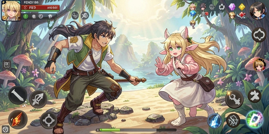 Tampilan gameplay FENDI188 dengan karakter anime unik.