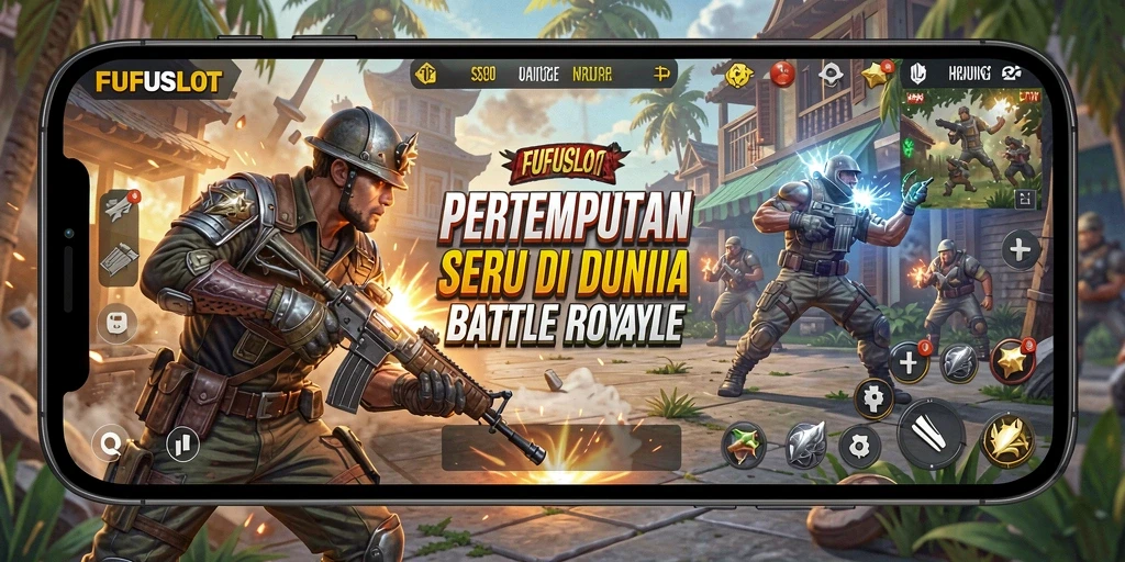 Screenshot gameplay FUFUSLOT menampilkan pertempuran intens di arena Battle Royale.