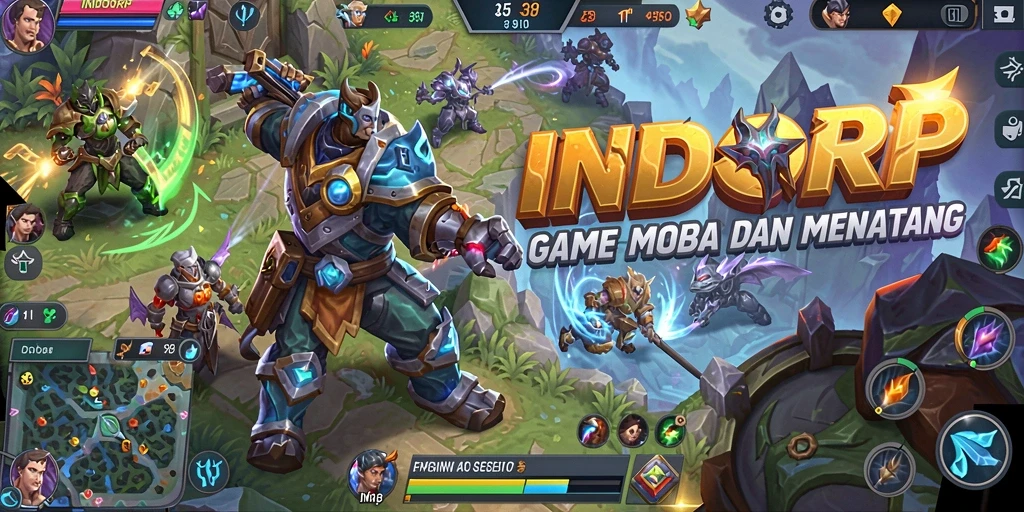 Screenshot gameplay INDORP menunjukkan pertempuran MOBA yang intens.
