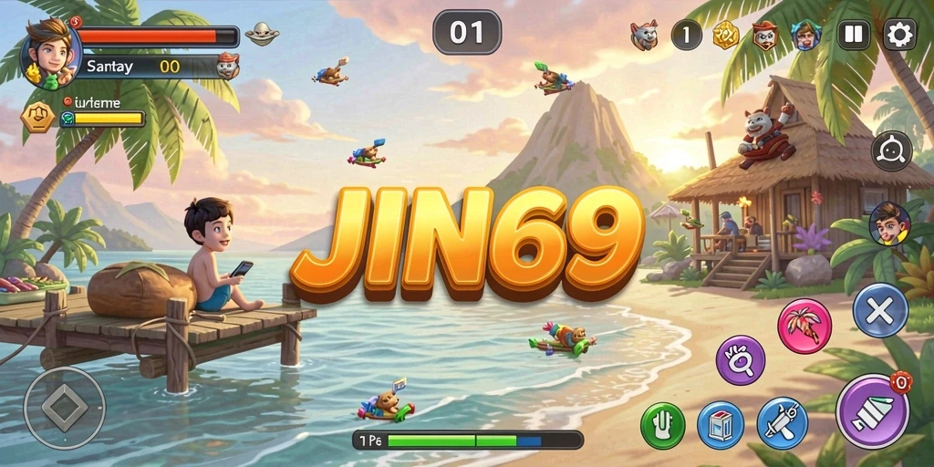 Tampilan gameplay JIN69 yang ceria dan penuh warna.