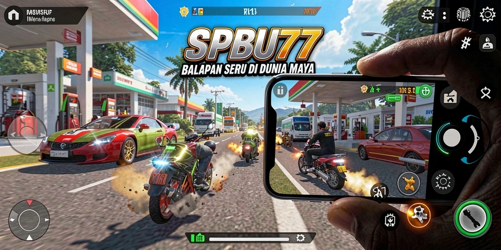 Tampilan menarik dan seru dari gameplay SPBU77 saat balapan.