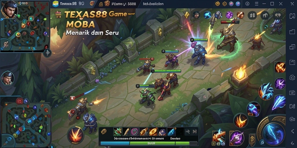 Screenshot gameplay TEXAS88, menunjukkan aksi seru dalam pertempuran MOBA.