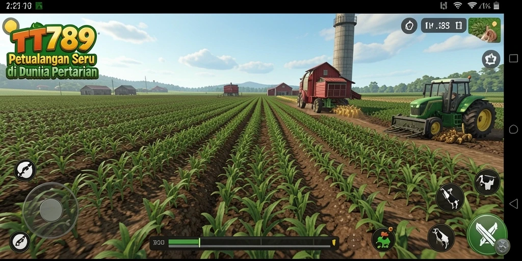 Screenshot gameplay TT789 yang menunjukkan aktivitas bertani dan merawat hewan.