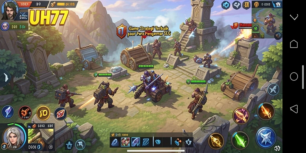 Gameplay UH77 yang menampilkan peperangan strategis dan pembanguan kerajaan.